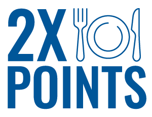 Graphic treatment of 2X points with plate, fork, knife icon.